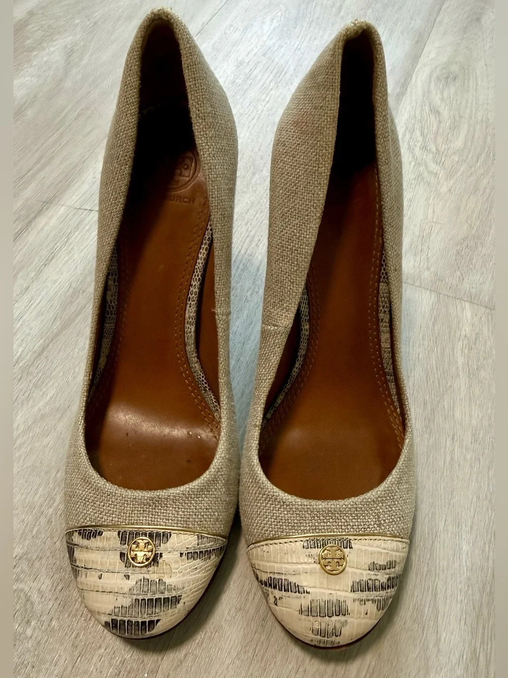 Tory Burch Cap Toe Pumps Linen Fabric Medallion Block Heel Womens Size 7.5M